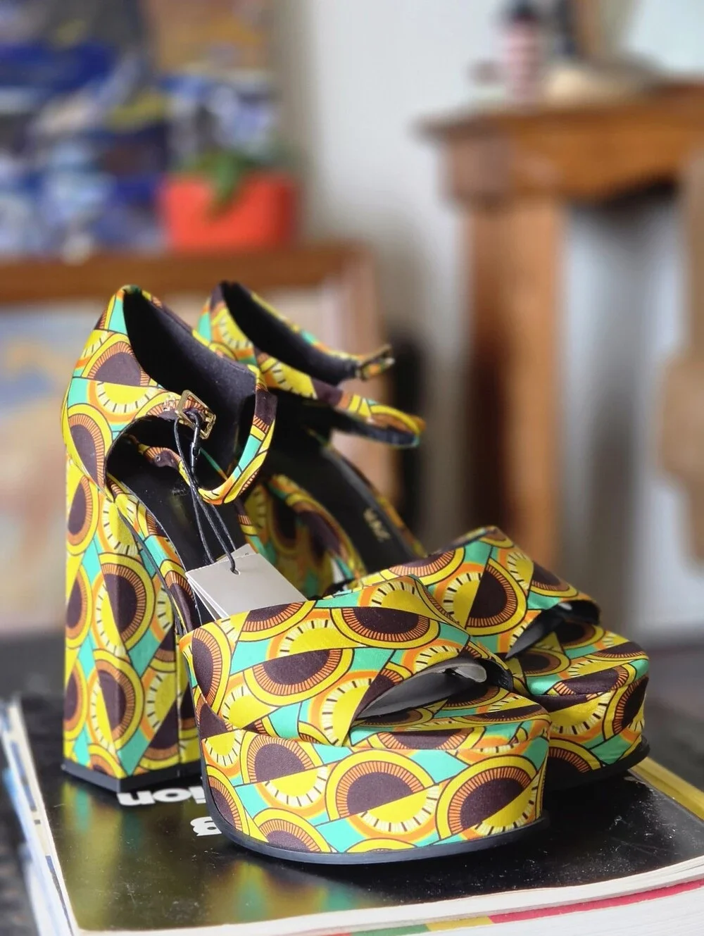 Zara Platform Ankle-Strap Heels 70s African Hippie Pattern NWT
